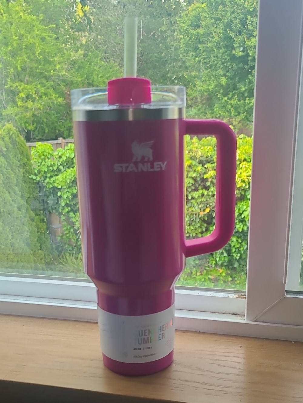 Stanley Pink Travel Tumbler with Handle and Straw In Punch Shimmer
